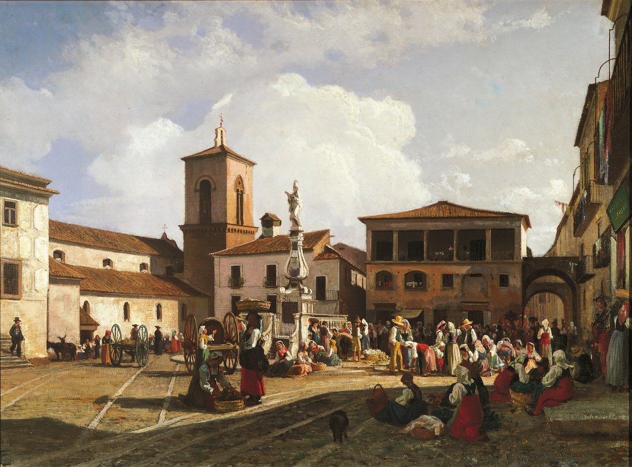 Benevento (Campania), Orsini-plein met de klokkentoren van de kathedraal en de fontein gewijd aan paus Orsini door Nicola Palizzi