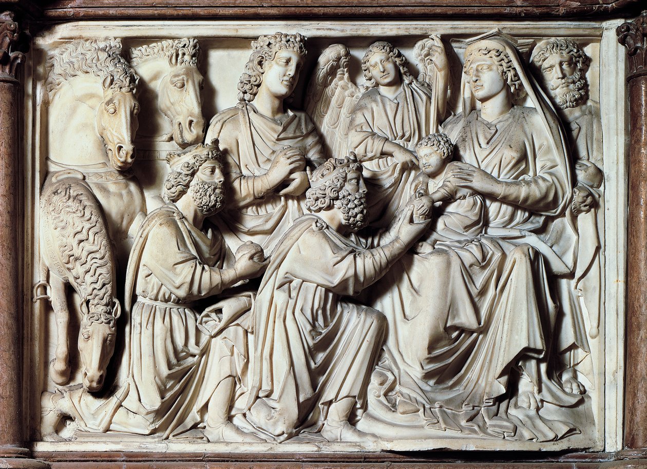 Aanbidding der Wijzen, tegel van preekstoel met scènes uit het leven van Christus door Nicola Pisano
