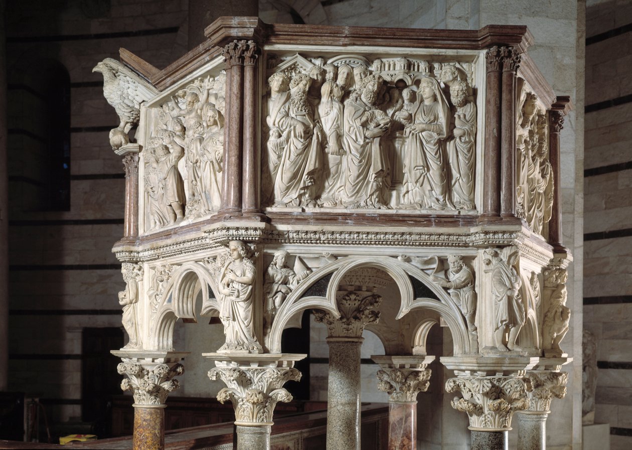 Preekstoel gerealiseerd door Nicola Pisano (1215/20-1278/84) (Marmeren preekstoel) 1260 Doopkapel van Sint-Jan van Pisa (Battistero san Giovanni di Pisa), Italië door Nicola Pisano
