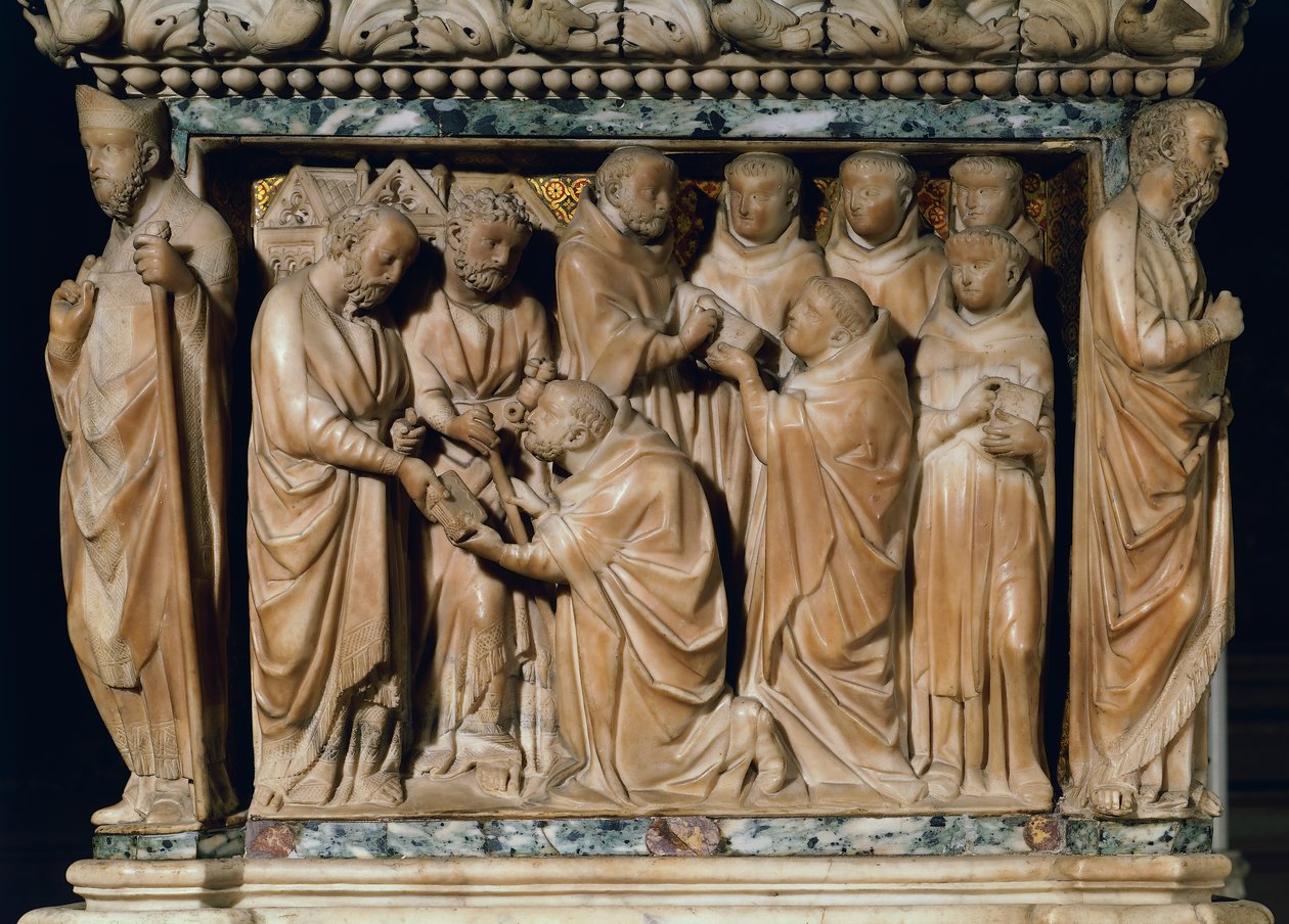 De apostelen Petrus en Paulus verschijnen aan Sint Dominicus, decoratief reliëf van Arca di San Domenico, marmer, Kapel van San Domenico, Basiliek van San Domenico, Bologna, Emilia-Romagna, Italië door Nicola Pisano