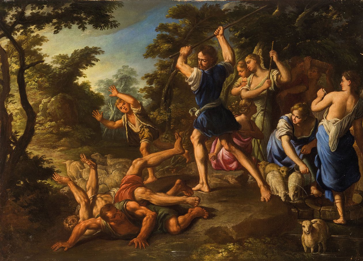 Mozes verdedigt de dochters van Jethro door Nicola Vaccaro