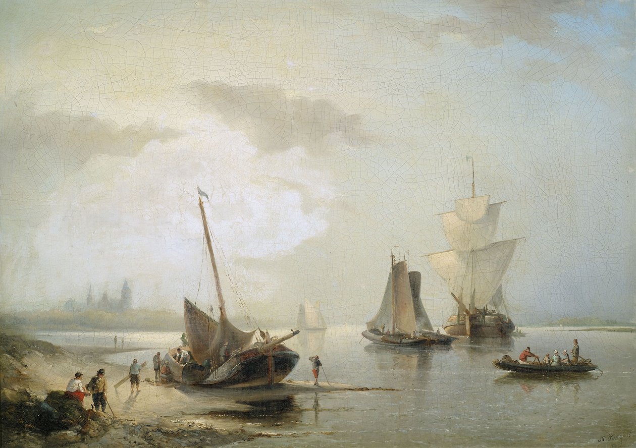 Zeilschepen aan de Nederlandse kust in ochtendlicht door Nicolaas Riegen