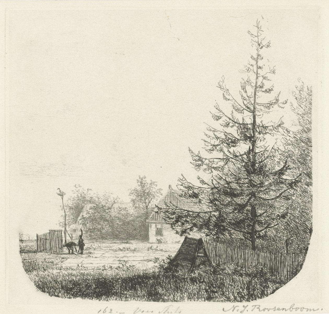 Boomrijk landschap met een ooievaarsnest door Nicolaas Johannes Roosenboom