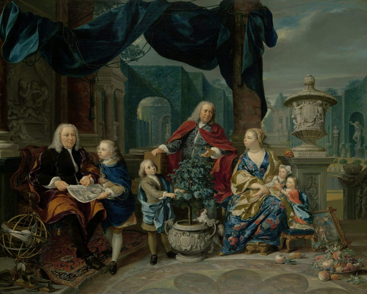 Portret van David van Mollem met zijn familie door Nicolaas Verkolje