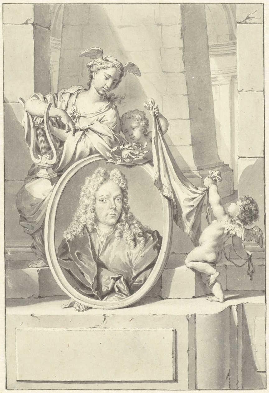 Putti en een vrouw bij een medaillon met het portret van Arnold Houbraken door Nicolaas Verkolje
