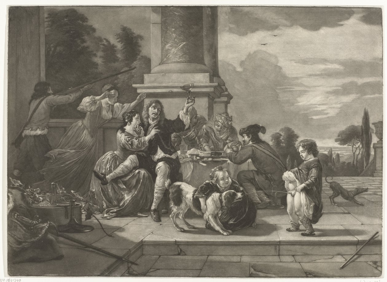 Vrolijk gezelschap op een terras door Nicolaas Verkolje