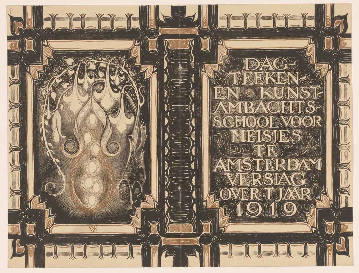 Bandontwerp voor: Verslag der Dagteeken- en Kunstambachtschool voor Meisjes te Amsterdam over het jaar 1919 door Nicolaas van de Vecht