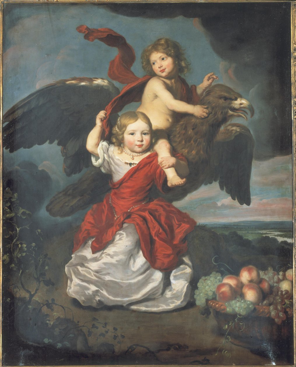 Dubbelportret van een jongen en een meisje als Ganymedes en Hebe in een landschap door Nicolaes Maes