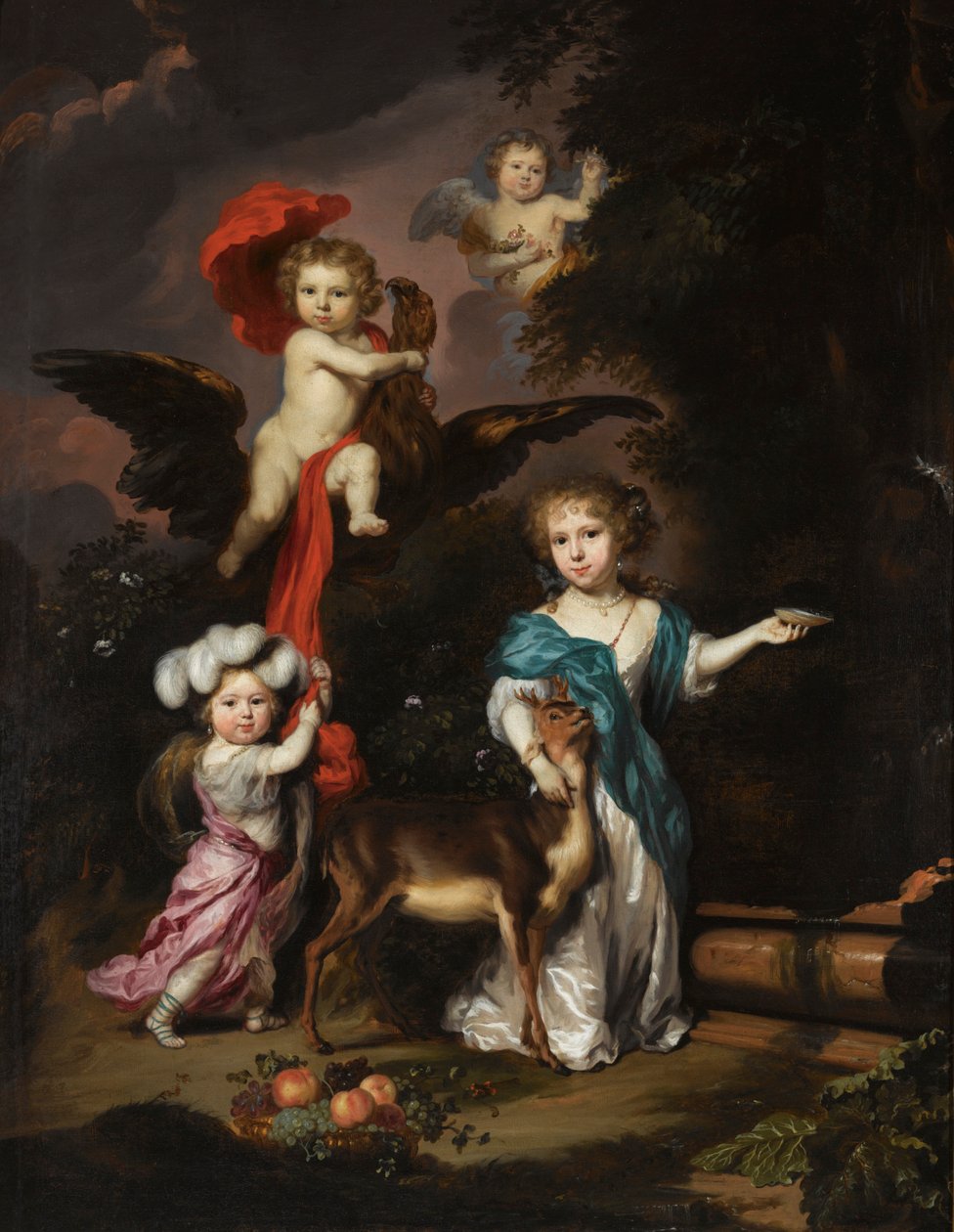 Portret van vier kinderen als Ceres, Ganymedes, een cherub en Diana door Nicolaes Maes