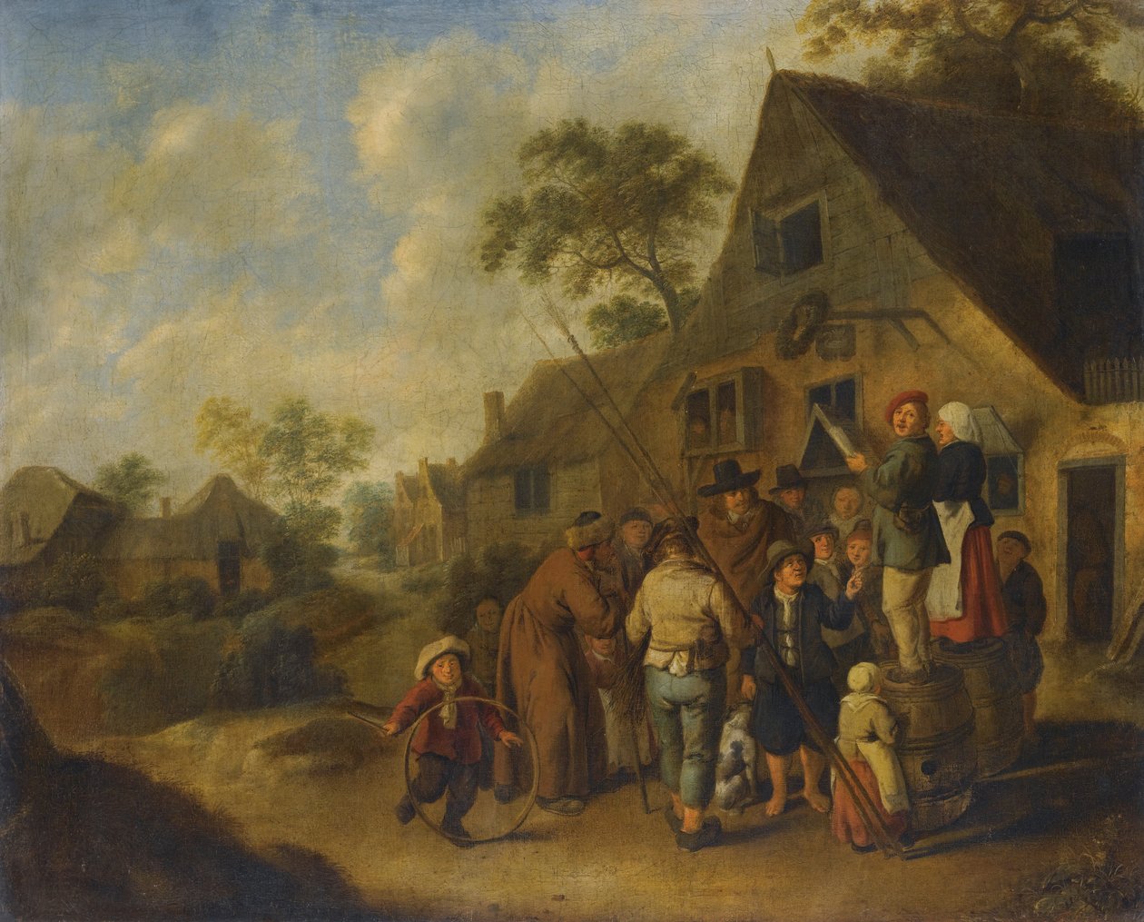 Figuren die het Nieuws Verkondigen op Vaten Buiten een Herberg door Jan Miense Molenaer door Nicolaes Molenaer