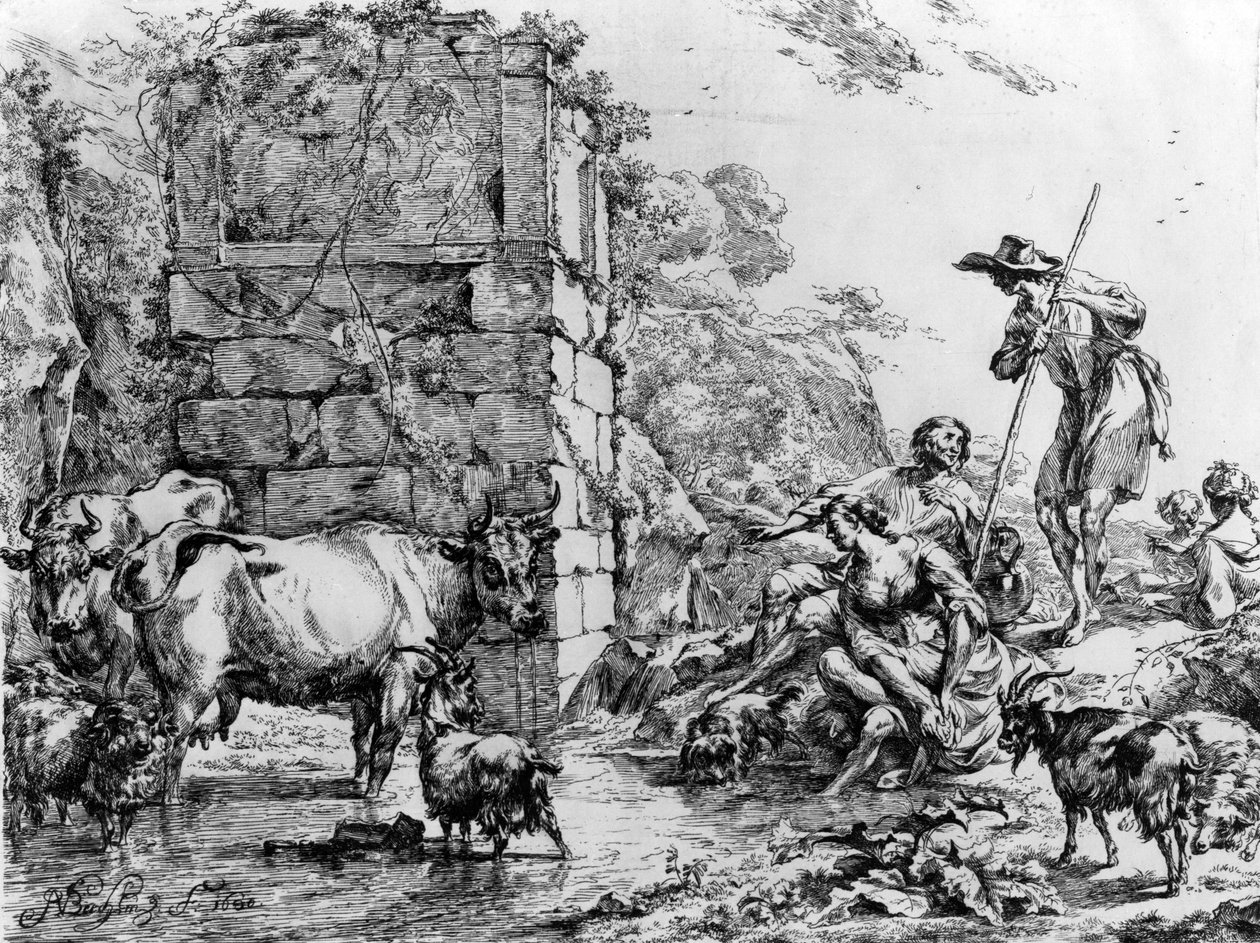 Koeien en geiten drinken bij een vijver door Nicolaes Pietersz. Berchem
