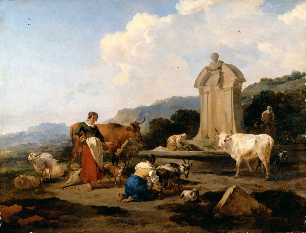 Romeinse Fontein met Vee en Figuren (Le Midi) door Nicolaes Pietersz. Berchem