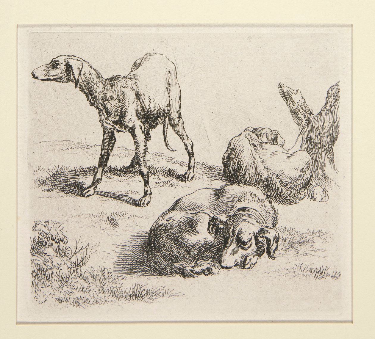 2 etsen uit De set van verschillende dieren, met de man onder de bomen, de zogenaamde man door Nicolaes Berchem