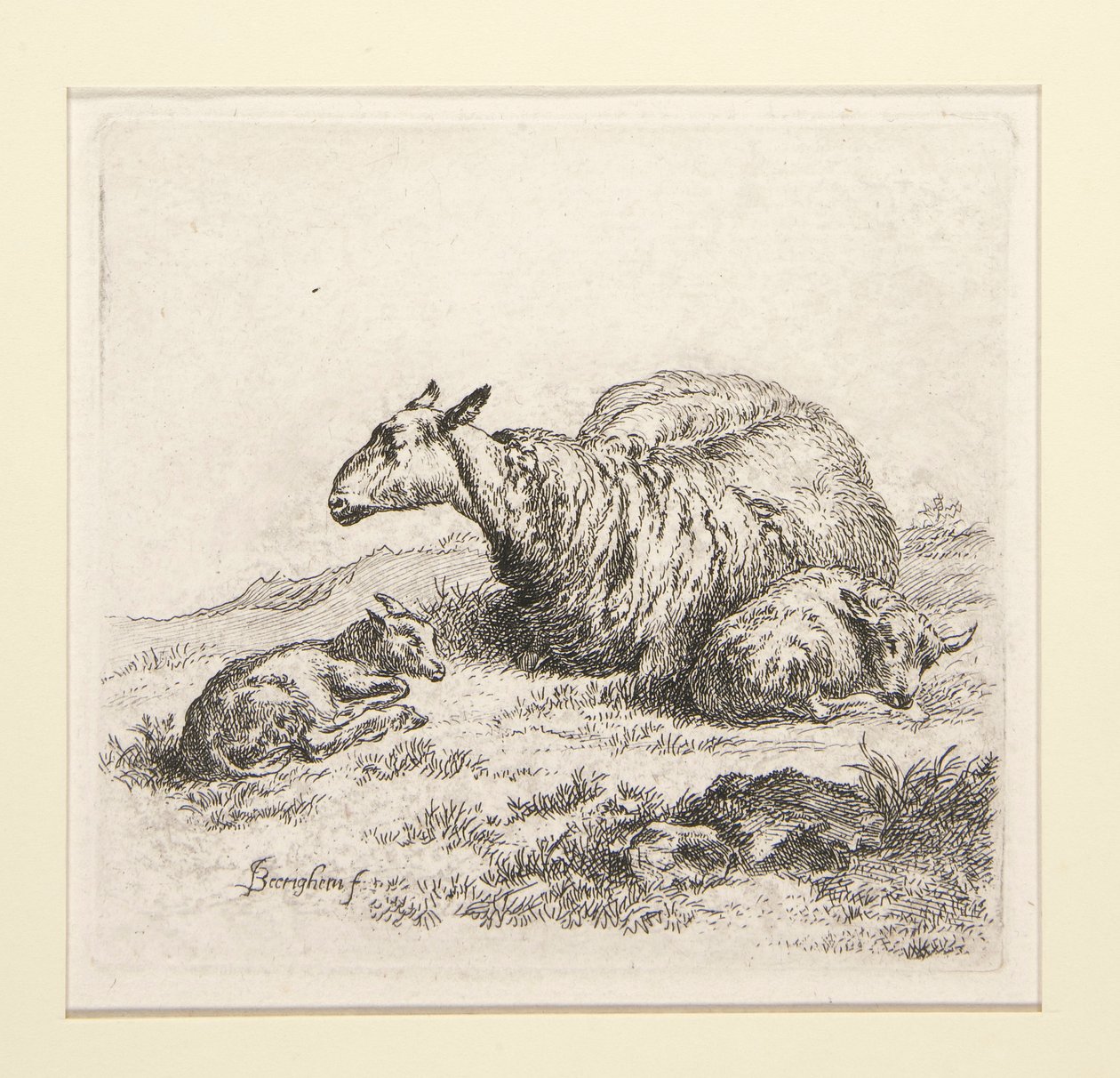 2 etsen uit De Set van de Schapen met de herderin en de schapen, de zogenaamde Vrouw door Nicolaes Berchem