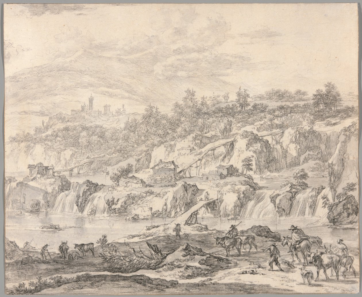 Landschap met Watervallen en Bruggen, Boeren op de Voorgrond door Nicolaes Berchem