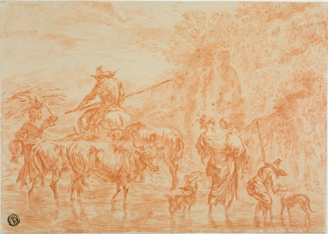 Boeren en vee steken een doorwaadbare plaats over door Nicolaes Berchem