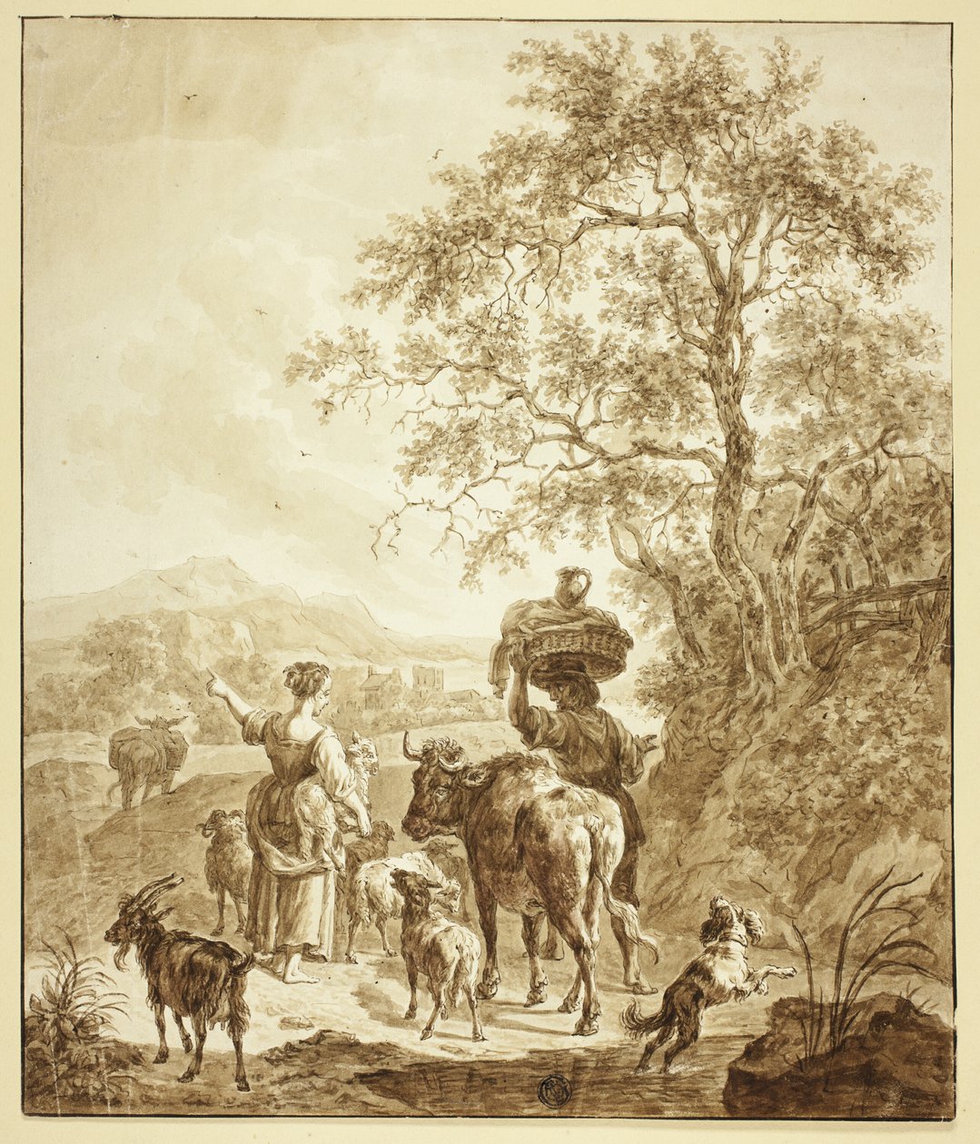 Herderin en Boer met Kudde in Italiaans Landschap door Nicolaes Berchem