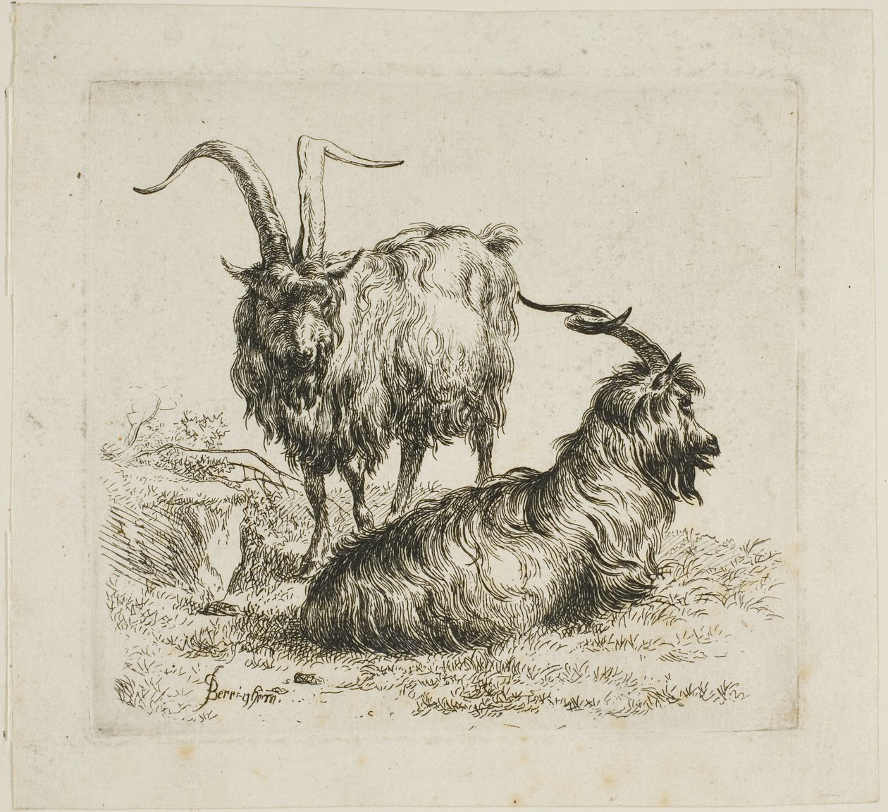 Twee geiten met grote hoorns, uit Diverse dieren door Nicolaes Berchem