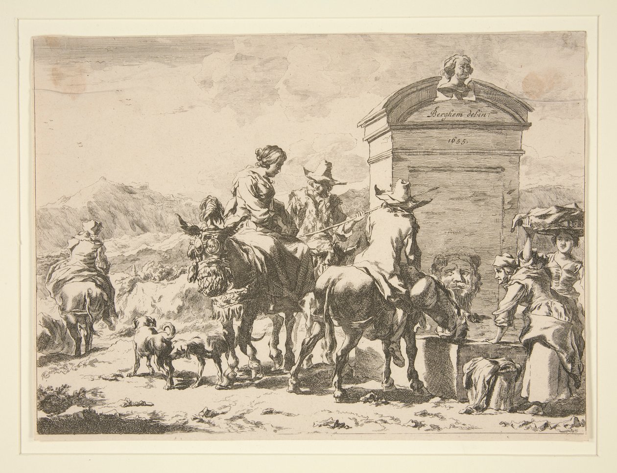Zonder titel - Genrescène met mensen op ezels en een grafsteen door Nicolaes Berchem
