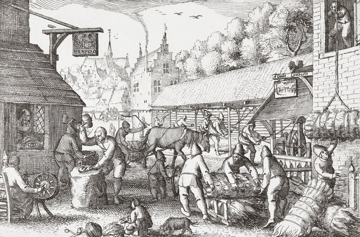 17e-eeuwse Nederlandse dorpelingen maken touw door Nicolaes Jansz Visscher