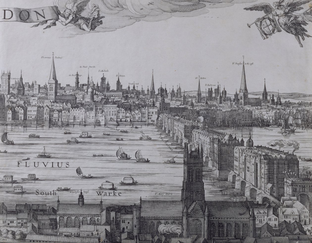 Panorama van Londen en de Theems, deel drie toont Southwark, London Bridge en de kerken in de stad, ca. 1600 door Nicolaes Jansz Visscher