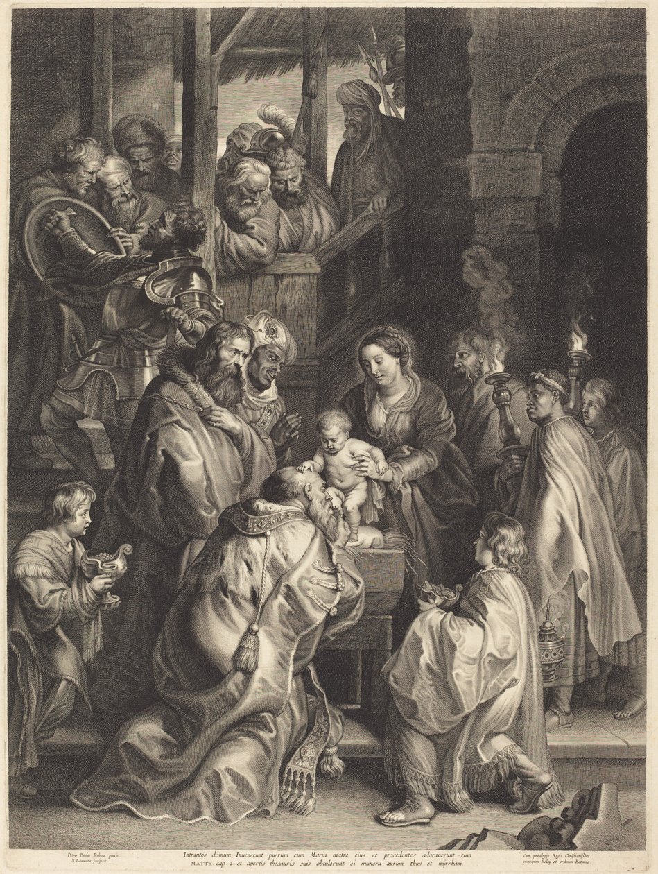 De aanbidding van de wijzen met fakkels door Nicolaes Lauwers, after Sir Peter Paul Rubens