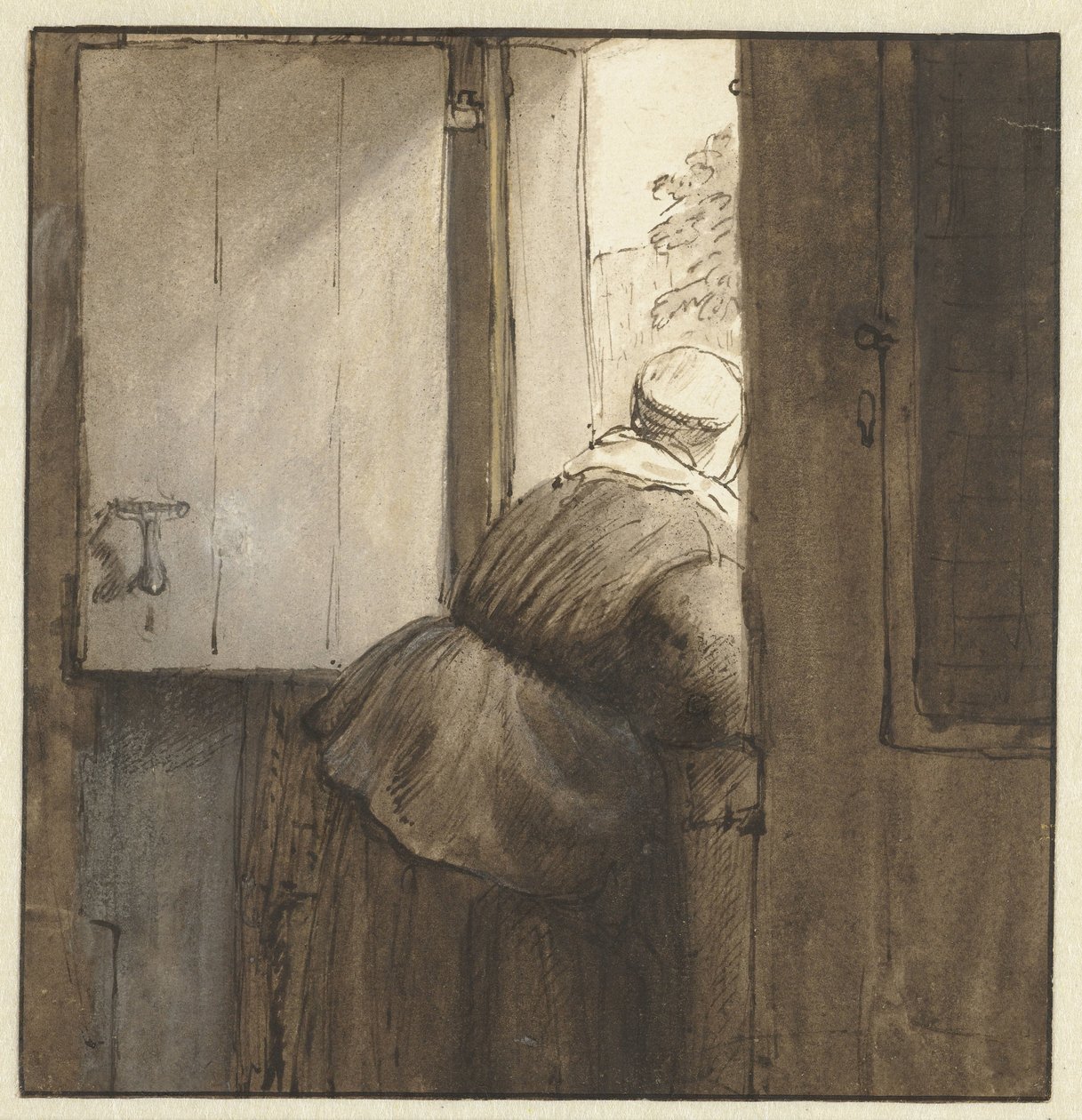 Vrouw over onderdeur geleund door Nicolaes Maes (possibly)