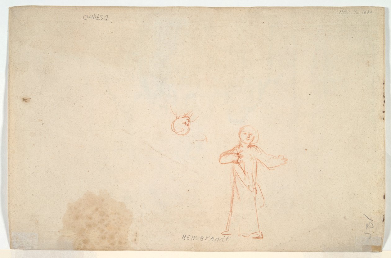 Abraham ontvangt de engelen (recto); Vrouw staand en studie van een hoofd (verso) door Nicolaes Maes