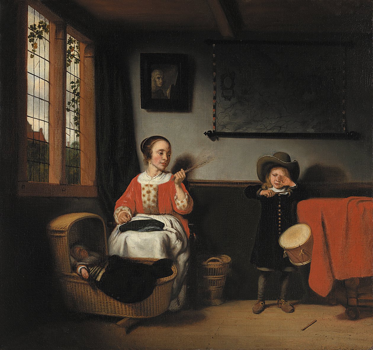 Dutch: Jonge vrouw met een roede bij een wieg en een jongen met een trommel The Naughty Drummer / Young woman with a rod near a cradle and a boy with a drum door Nicolaes Maes