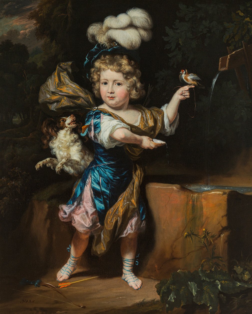 Dutch: Jongen met vogel en hond bij een fontein Boy with bird and dog at a fountain door Nicolaes Maes