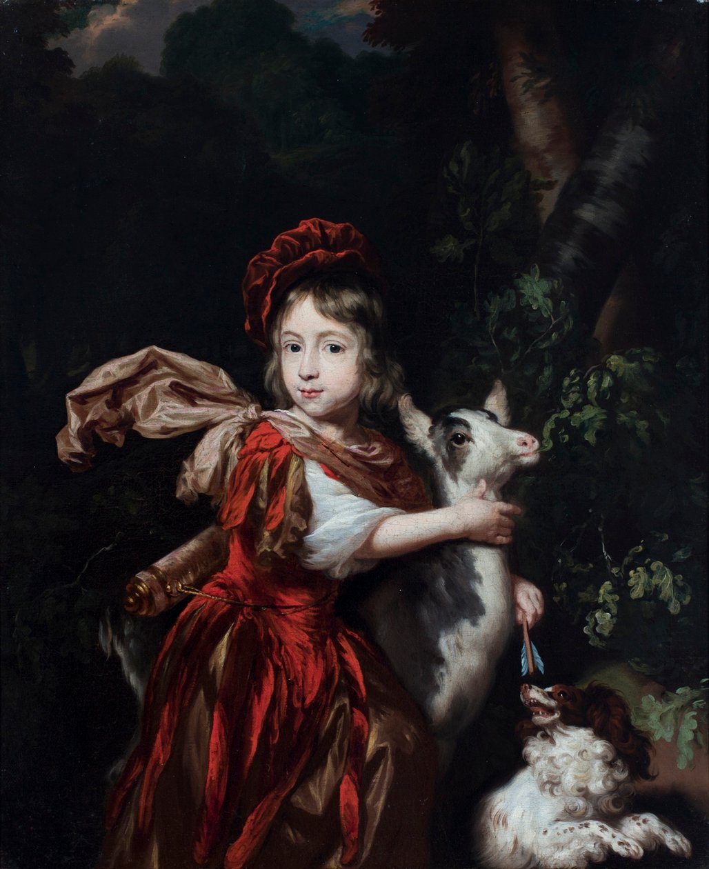 Dutch: Portret van een jongen met een geit en een hond, in een landschap A Portrait of a young Boy dressed as a Hunter with a Goat and a Dog door Nicolaes Maes
