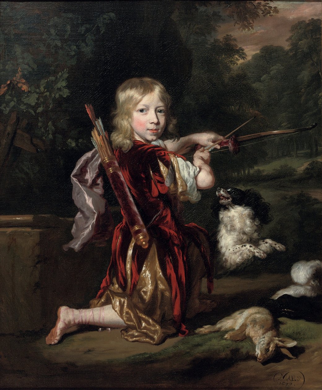 Portret van een onbekende jongen Portret van een jongen, ten voeten uit, in een klassiek kostuum, die een strik trekt door Nicolaes Maes