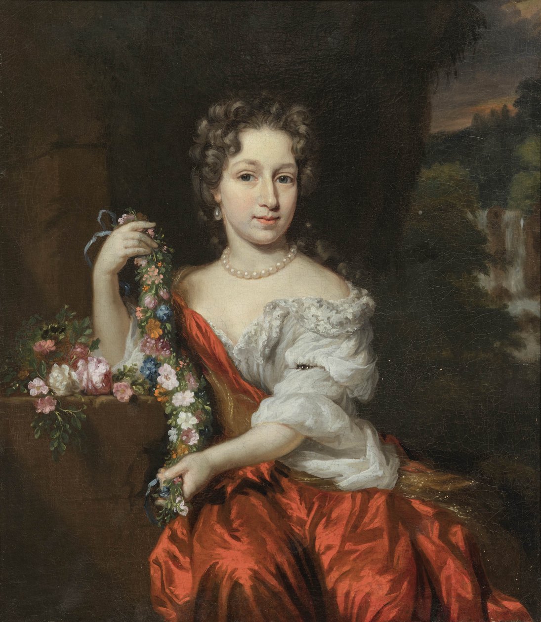 Dutch: Portret van een onbekende vrouw Portrait of a young woman with a garland of flowers door Nicolaes Maes