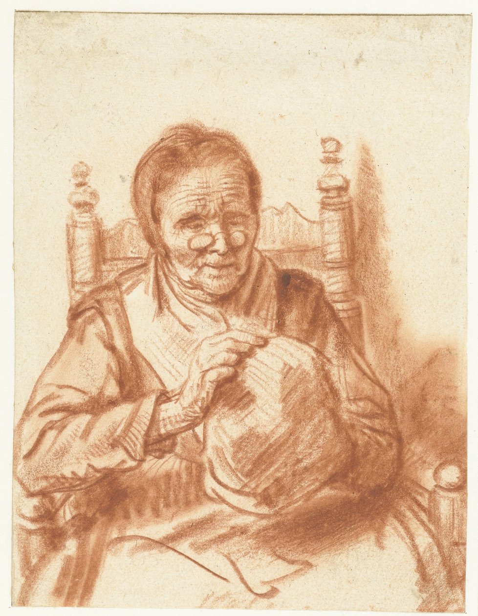 Oude vrouw met een muts door Nicolaes Maes