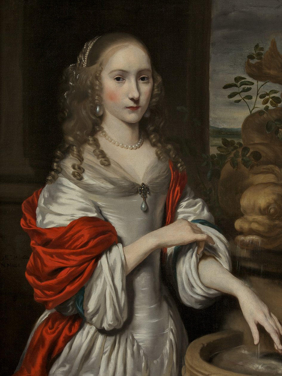 Portret van een jong meisje, staand bij een fontein door Nicolaes Maes