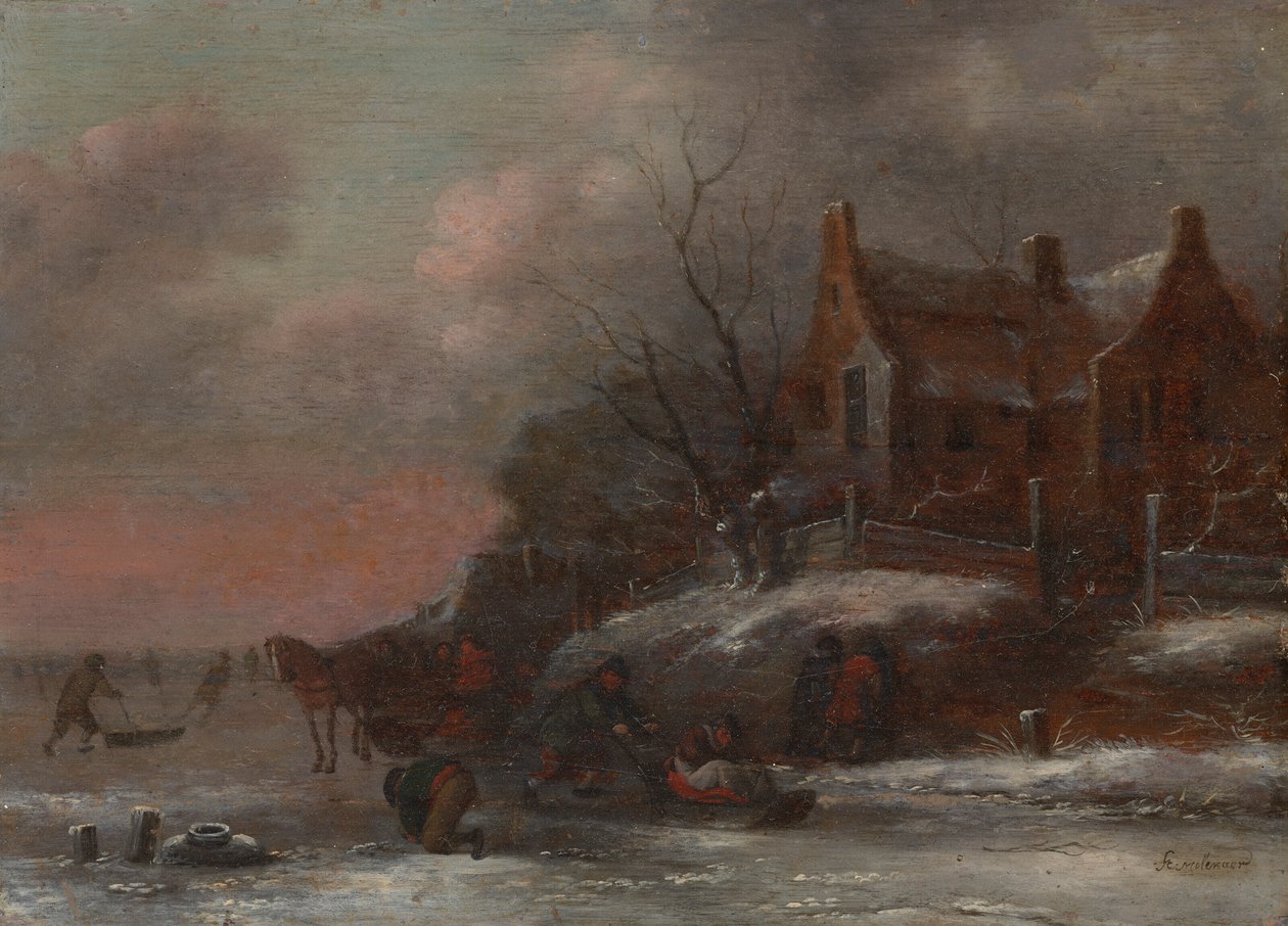 Een winterlandschap met figuren die sleeën op een bevroren rivier door Nicolaes Molenaer