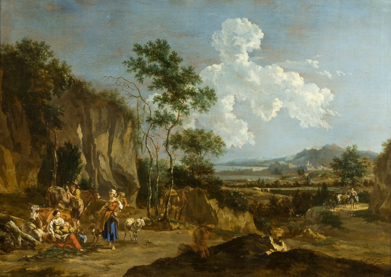 Italiaans Landschap (of Arbeider aan het Lunchen) door Nicolaes Pietersz (follower of) Berchem