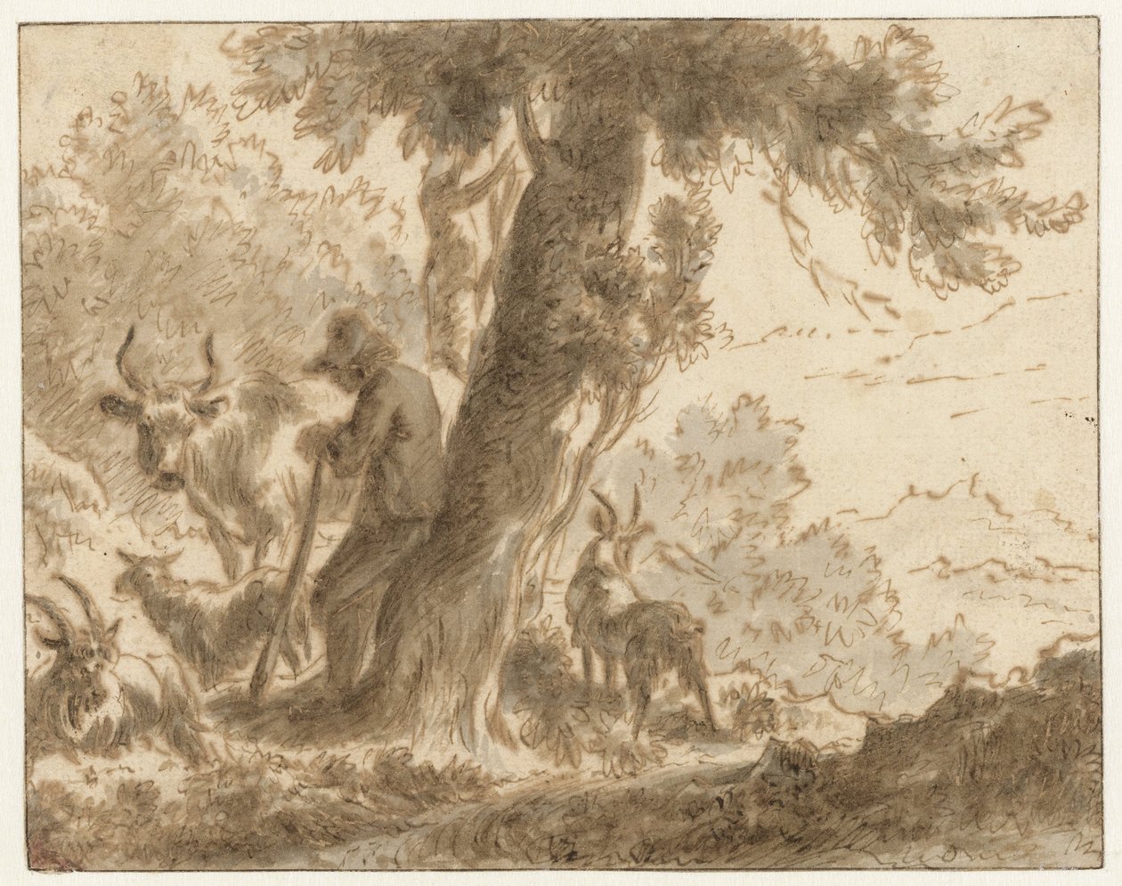 Herder en zijn vee bij een boom door Nicolaes Pietersz Berchem (possibly)