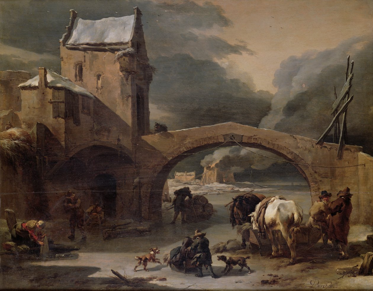 Een Winterlandschap met Boeren en Paarden op een Bevroren Kanaal bij een Versterkte Brug, ca. 1660-70 door Nicolaes Pietersz. Berchem