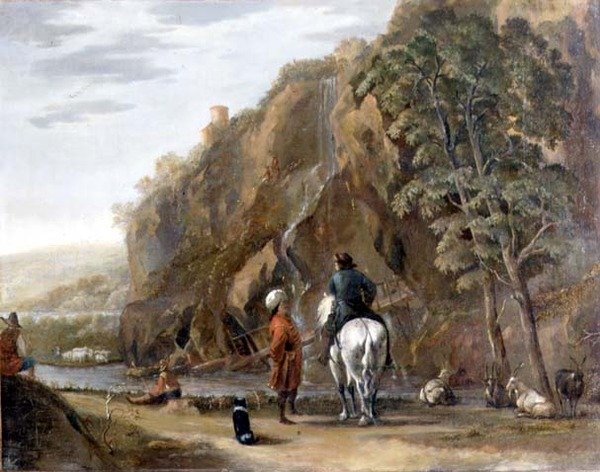 Italiaans landschap met figuren en een paard op een weg door Nicolaes Pietersz. Berchem