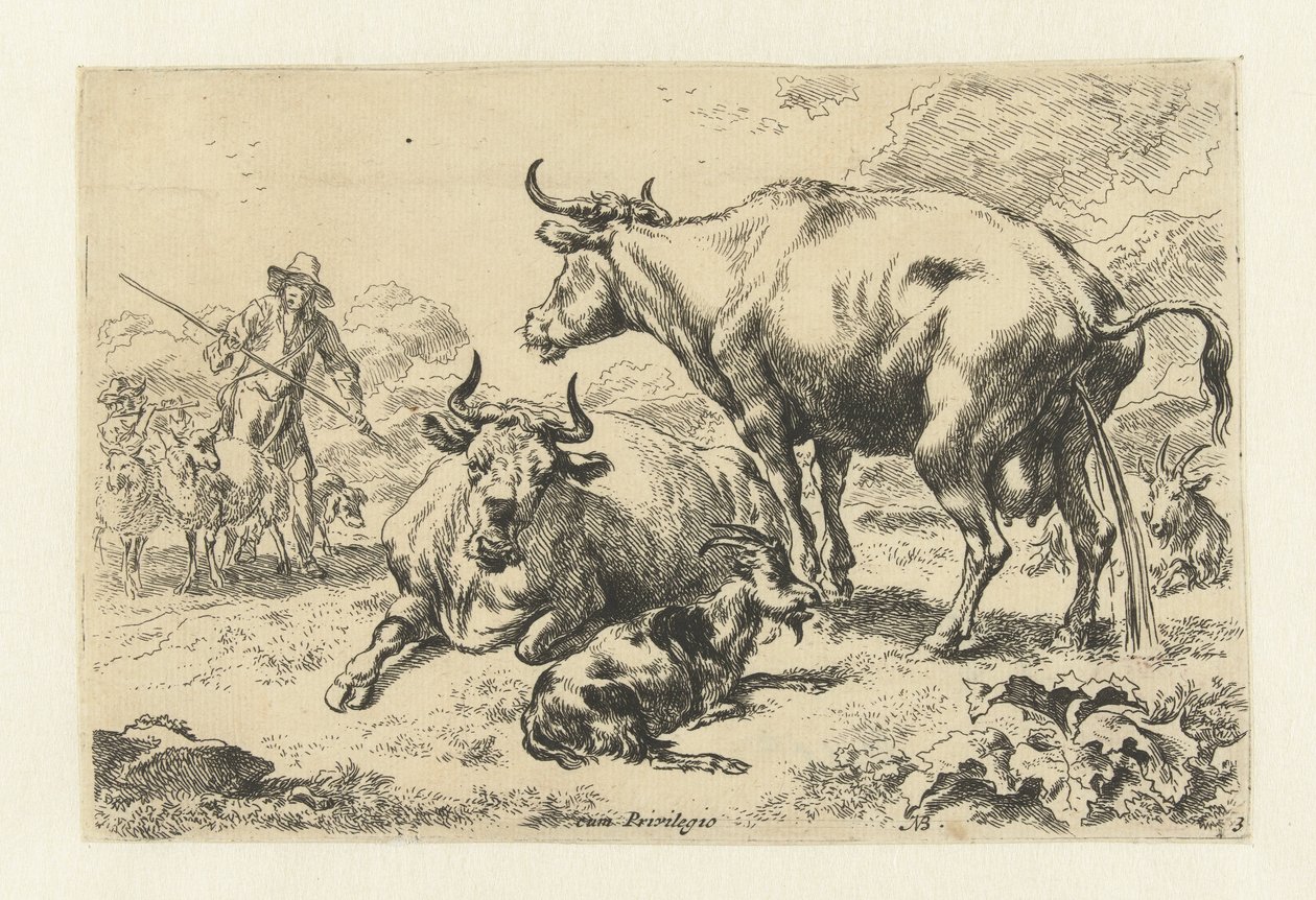 Liggende en een pissende koe door Nicolaes Pietersz Berchem