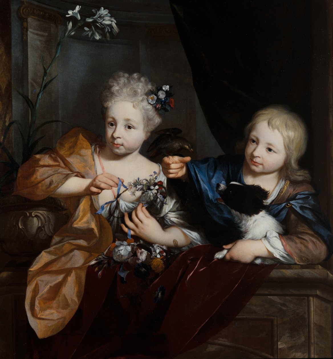 Een jonge jongen en meisje in een architectonische setting door Nicolaes Verkolje
