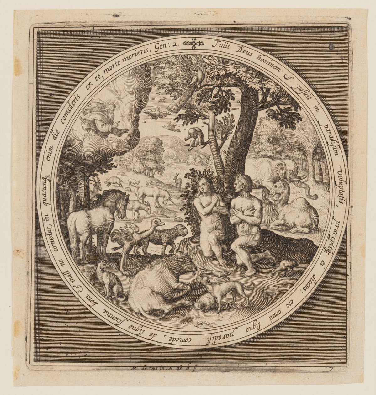 Adam en Eva in het paradijs, van de schepping tot de verdrijving uit het paradijs door Nicolaes de Bruyn