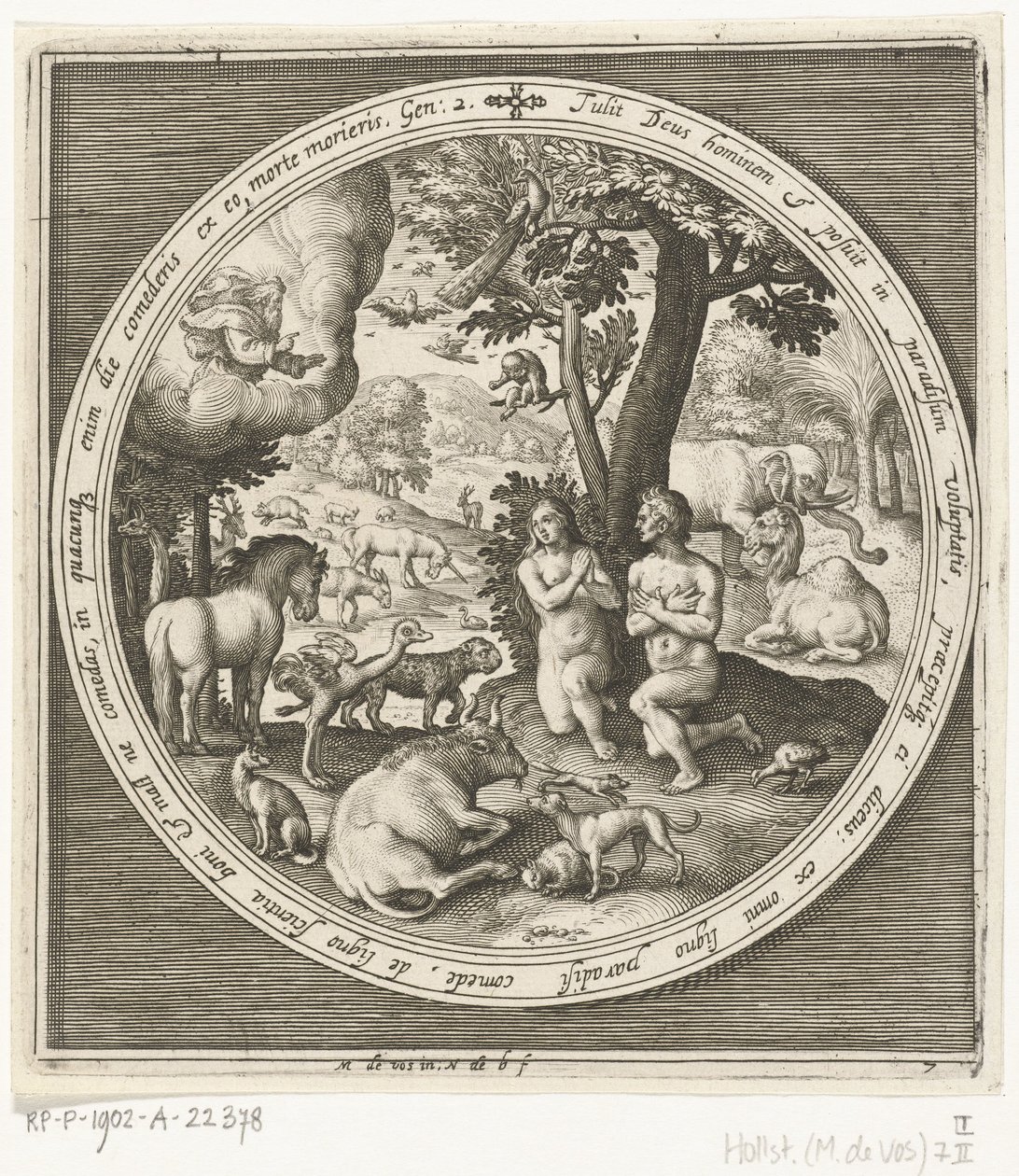 De zevende dag van de schepping: Adam en Eva in het paradijs door Nicolaes de Bruyn