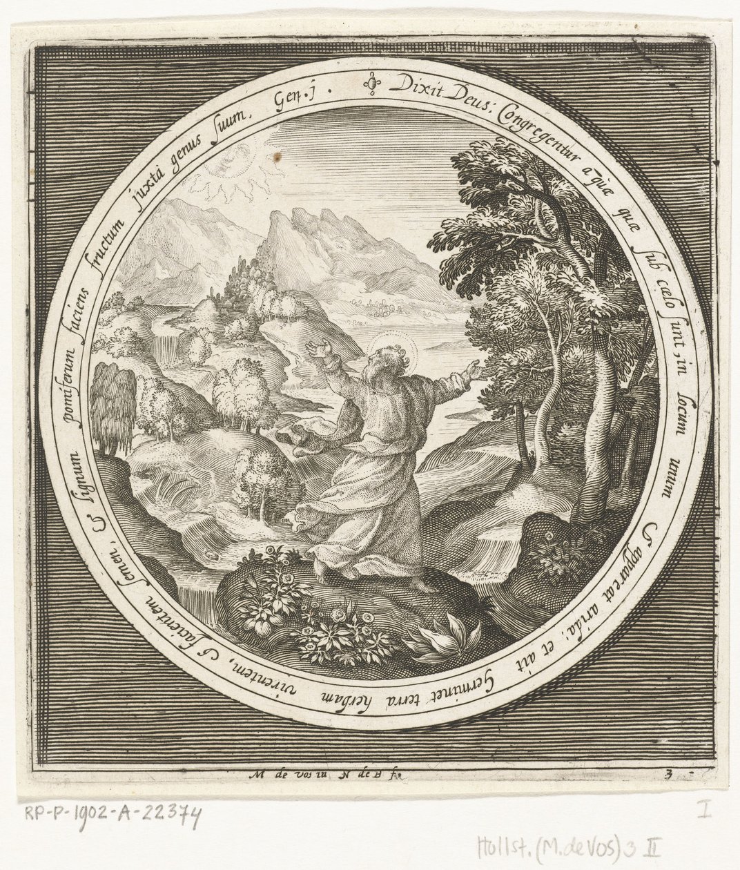 Derde dag van schepping: God schept land en zaadvormende planten en bomen met vruchten die zaden dragen door Nicolaes de Bruyn