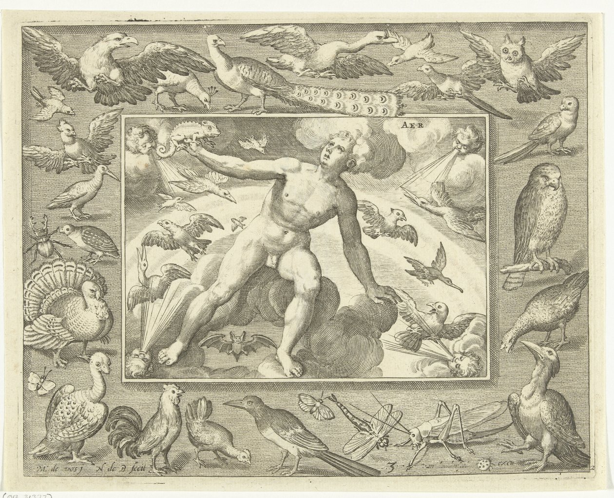 Element lucht als jonge man op wolken tussen vliegende vogels door Nicolaes de Bruyn
