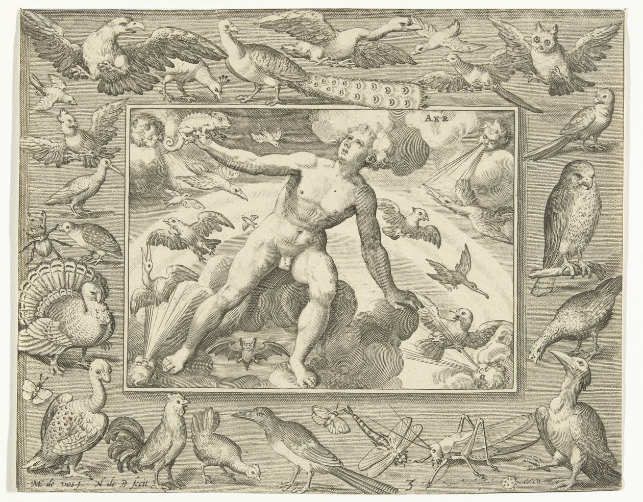Element lucht als jonge man op wolken tussen vliegende vogels door Nicolaes de Bruyn