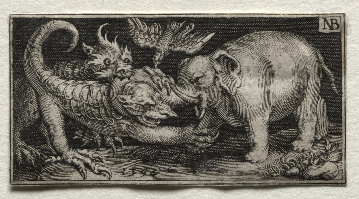 Olifant vecht met twee beesten door Nicolaes de Bruyn
