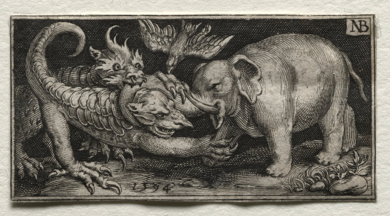 Olifant vecht tegen twee beesten, 1594 door Nicolaes de Bruyn