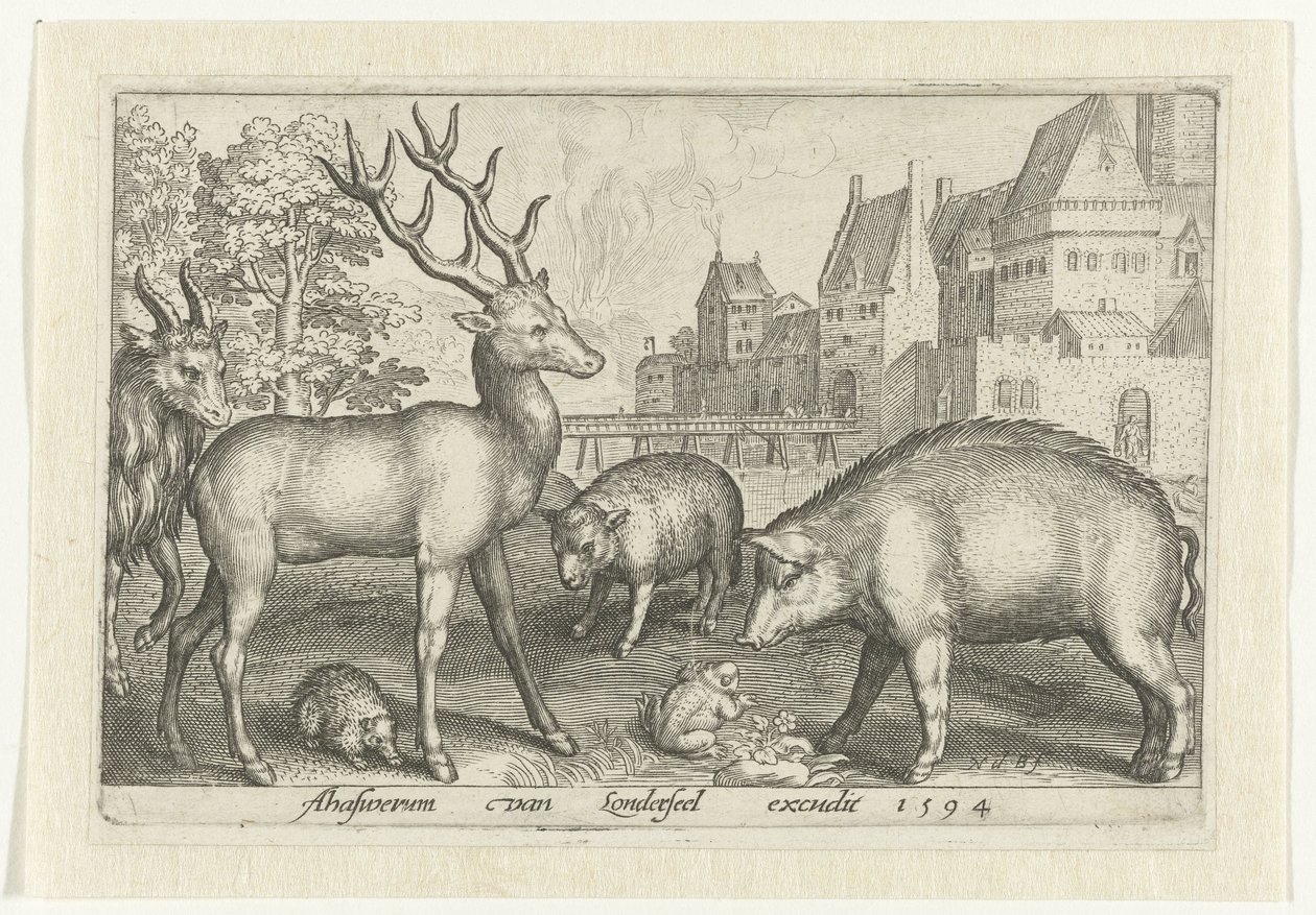Hert, egel, schaap, kikker en varken door Nicolaes de Bruyn